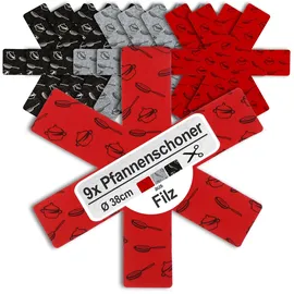 COM-FOUR COM-FOUR® 9X Pfannenschutz Ø 38 cm aus Filz - Hitzebeständig, Stapelschutz Pfannenschoner - Schutz vor Kratzern - Zuschneidbare Pfannenschutzmatte für Töpfe & Schüsseln (09 Stück - grau/rot/schwarz)