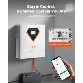 Vevor Hybrid-Solarwechselrichter, reiner Sinus-Wechselrichter 24 V DC auf 220/230 V AC, mit integriertem 100A MPPT-Solarregler, für netzunabhängige Blei-Säure-Lithium-Batterie