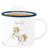 Emaille Becher Blechbecher - Einhorn Unicorn - 300 ml - Weiß Blau - personalisierte geschenke name und motiv personalisiertes kindergarten tasse einhörnern kinder personlisierte tassen