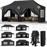 Faltpavillon 3x6 Pavillon Wasserdicht Stabil, Faltbar Gartenzelt 3x6 mit 6 Seitenwänden, Anti-UV 50+ Partyzelt Con 12 Erdhaken 6 Seile 6 PCS Sandsack,Gartenpavillon für Markt,Hochzeiten, Schwarz
