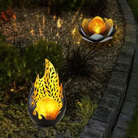 GLOBO Solarleuchte Flammen Design Außen Solarblume Aussen Lotusblume Solar Crackle Glas, grau, LED Leuchtmittel, 1x Lotusblume 1x Flammen Design, 2er Set