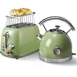 Wiltal toaster wasserkocher set, frühstücksset toaster wasserkocher, Wasserkocher aus Edelstahl, 2200W, Schnellaufheizung, Toaster mit Brötchenaufsatz zum Erhitzen aller Brotsorten, retro Grün