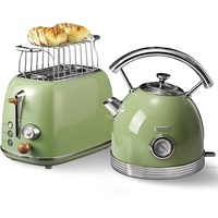 Wiltal toaster wasserkocher set, frühstücksset toaster wasserkocher, Wasserkocher aus Edelstahl, 2200W, Schnellaufheizung, Toaster mit Brötchenaufsatz zum Erhitzen aller Brotsorten, retro Grün