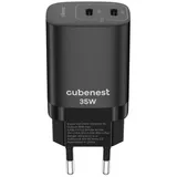 CubeNest PD Adaptér GaN 35W S2D1 - černáPD 3.0, 2*USB-C GaN Adaptér Fast Charger - Schwarz