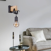 ETC Shop Wandleuchte hängend Wandlampe aus Holz mit Schraubzwinge schwarz, 1x E27, Textilkabel schwarz, 14x28x15cm, Flur Schlafzimmer Treppenhaus Wohnzimmer