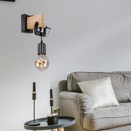 ETC Shop Wandleuchte hängend Wandlampe aus Holz mit Schraubzwinge schwarz, 1x E27, Textilkabel schwarz, 14x28x15cm, Flur Schlafzimmer Treppenhaus Wohnzimmer