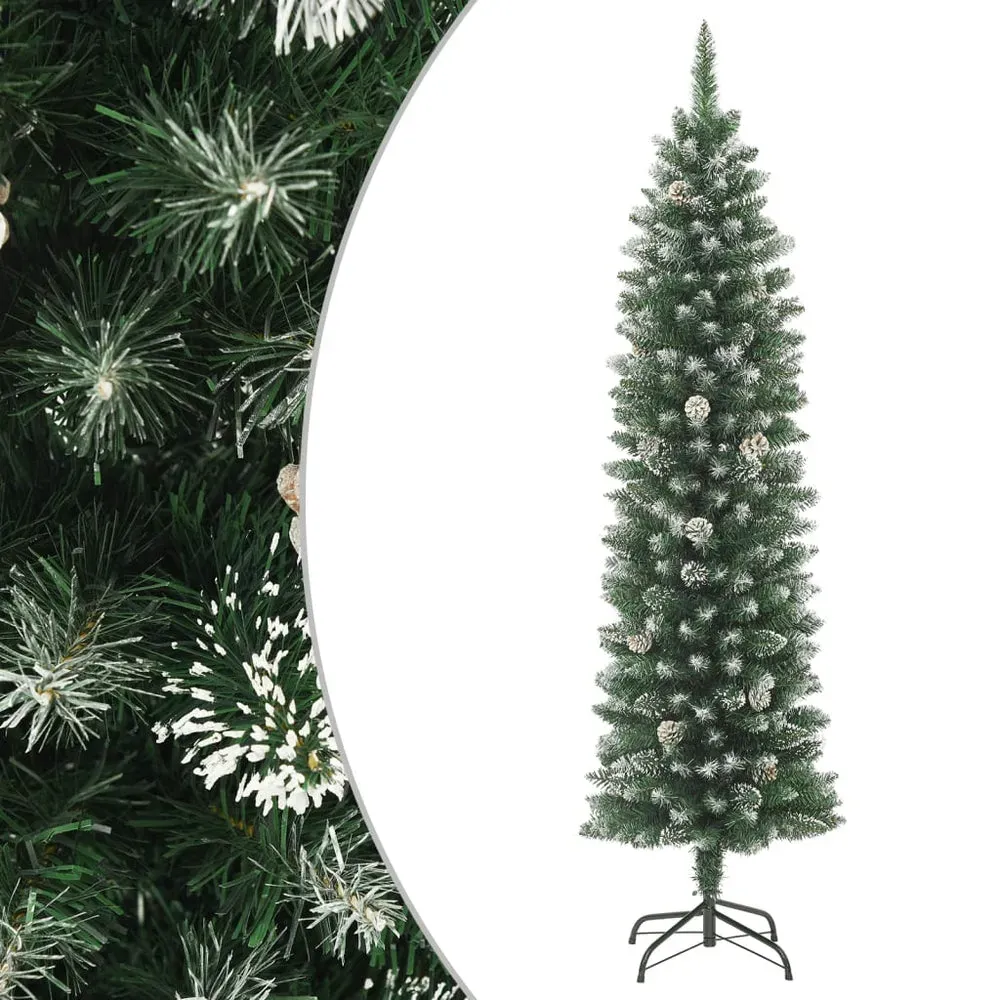 Schlanker Weihnachtsbaum 150 cm mit Schnee und Zapfen – Perfekt für kleine Räume