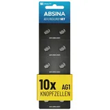 ABSINA Knopfzelle 10er Pack - 1,5V Alkaline Knopfzellen auslaufsicher & AG1 LR621 14 mAh, 10 Stück