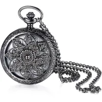 JewelryWe Retro Kamelie Blume Taschenuhr Damen Unisex Analog Quarz Uhr mit Halskette Kette Pocket Watch Geschenk Schwarz
