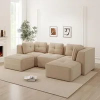 U-förmiges Ecksofa aus Cord, knochenlos, modular mit Ottomane, dreisitzig, tiefe Sitzfläche, für Wohnzimmer, montagefrei - Beige