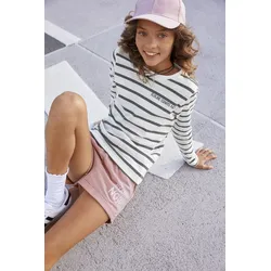 Langarmshirt KIDSWORLD "Future starts now", Mädchen, Gr. 152/158, schwarz-weiß (geringelt), Jersey, Obermaterial: 100% Baumwolle, gestreift, geringelt, bedruckt, Basic hüftlang, Rundhals, Langarm abgesteppte Kante, Shirts, langärmlig, Basic-Passform