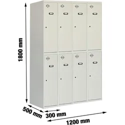 PROREGAL Spind AMEGO | 8 Abteile | HxBxT 180x120x50cm | Abteilbreite 30cm | Unterteilt | Feuerfeste Beschichtung | Lichtgrau | Metallspind