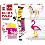 Marabu KiDS Little Artist, Flamingo & Einhorn, Bastelset für Kinder ab 4 Jahren, 2 x 3D Holzpuzzle, Pinsel, 3 x 36 ml Farbe, auswaschbar, vegan, Made in Germany, 0305000000111