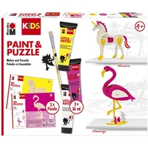 Marabu KiDS Little Artist, Flamingo & Einhorn, Bastelset für Kinder ab 4 Jahren, 2 x 3D Holzpuzzle, Pinsel, 3 x 36 ml Farbe, auswaschbar, vegan, Made in Germany, 0305000000111