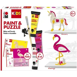Marabu KiDS Little Artist, Flamingo & Einhorn, Bastelset für Kinder ab 4 Jahren, 2 x 3D Holzpuzzle, Pinsel, 3 x 36 ml Farbe, auswaschbar, vegan, Made in Germany, 0305000000111