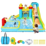 LUCKZON Hüpfburg für Kinder Alter 3–12 Jahre, aufblasbar, für draußen/drinnen, mit Gebläse, mit Rutsche, Kletterwand u. Bällebad/Planschbecken blau