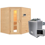 Woodfeeling Karibu Woodfeeling Sauna Mia - 38 mm -Ohne Dachkranz- Energiesparende Saunatür-9 kW Ofen inkl. Steuergerät inkl. 8-teiligem gratis Zubehörpaket (Gesamtwert 191,92€)