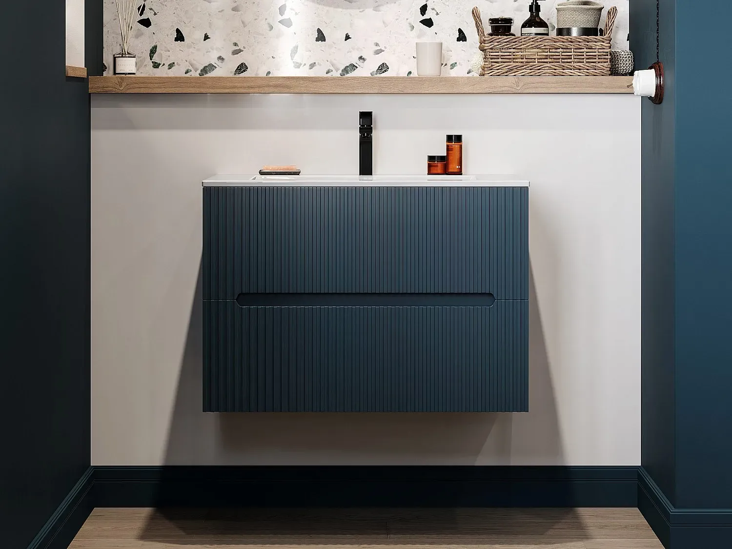 Waschbeckenunterschrank hängend mit Einbauwaschbecken - 80 cm - Blau gerippt - PAVANI