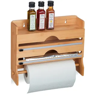 Relaxdays Wandrollenhalter 3 in 1, für Alufolie, Frischhaltefolie, Küchenrolle, Bambus, HxBxT: 31 x 39,5 x 11 cm, Natur