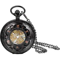 JewelryWe Vintage Taschenuhr Herren Handaufzug: Retro Analog Handaufzug mechanische Kettenuhr Männer Römische Ziffern Skelett Uhr mit Halskette Kette Umhängeuhr Schwarz Geschenk für Opa Vater