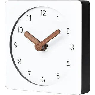 mooqs Leises, Nicht tickendes, batteriebetriebenes, dekoratives kleines Mini-Analog-Regal aus Holz, modernes Regal, Tisch, Kaminsims, weiße Uhr (quadratisch)