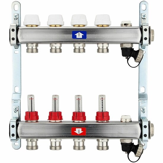 Fußbodenheizungsverteiler aus Edelstahl mit Topmeter für 4 Heizkreise - ohne Anschlussset