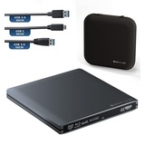 techPulse120 Externes UltraHD UHD 4k 3D M-DISC BDXL HDR10 100GB USB 3.0 & USB-C Laufwerk Bluray Brenner Burner Superdrive UltraSlim BD DVD CD Ultra Paket Tasche 90cm Anschlusskabel Aluminium Grau