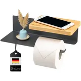 ELUNO Toilettenpapierhalter VARAZ mit 2 Ablagen, Selbstklebender Toilettenpapierrollenhalter, WC-Rollenhalter mit Klebeband zum Kleben oder zum Bohren, aus grauem Metall und Bambus
