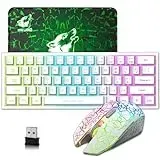 2.4GHz Tastatur Maus Gaming Set Kabellos Beleuchtet, 61 Tasten Regenbogen 3800mAh Wederaufladbare Mechanische Feel Tastatur, 2400 DPI Regenbogenlicht-LED 6 Tasten Maus, Kompatibel PC - Weiß