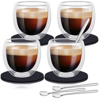 EOGRFW Espressotassen Set (4 x 80 ml),Espresso Gläser Set,Espressogläser Doppelwandig Gläser aus Borosilikatglas,Espresso Tassen Set mit 4 Löffel + 4 Untersetzer,Latte Macchiato Gläser Esspresso Glass