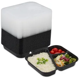 Relaxdays Meal Prep Boxen, 24er Set, 3 Fächer, mikrowellengeeignet, wiederverwendbar, Kunststoff Essensbehälter, schwarz