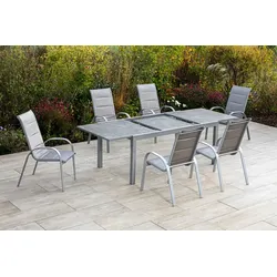 Garten-Essgruppe MERXX "Amalfi di lusso", braun (diamantbraun), B:56,5cm H:104cm T:77cm, Aluminium, Polyester, Sitzmöbel-Sets, 6 Stapelsessel mit ausziehbarem Tisch (180 - 250 cm)