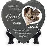 AIGAT Personalisierbare Herz Gedenktafel 25 x 25 cm mit Name, Datum, Foto und Ständer für Haustier Katze Hund Schiefer Stein Pfote Grabmal - Herz Foto
