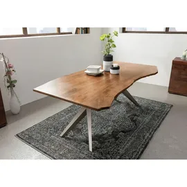 Massivmoebel24 Baumtisch Akazie 220 x 100 x 76 cm natur lackiert silber matt