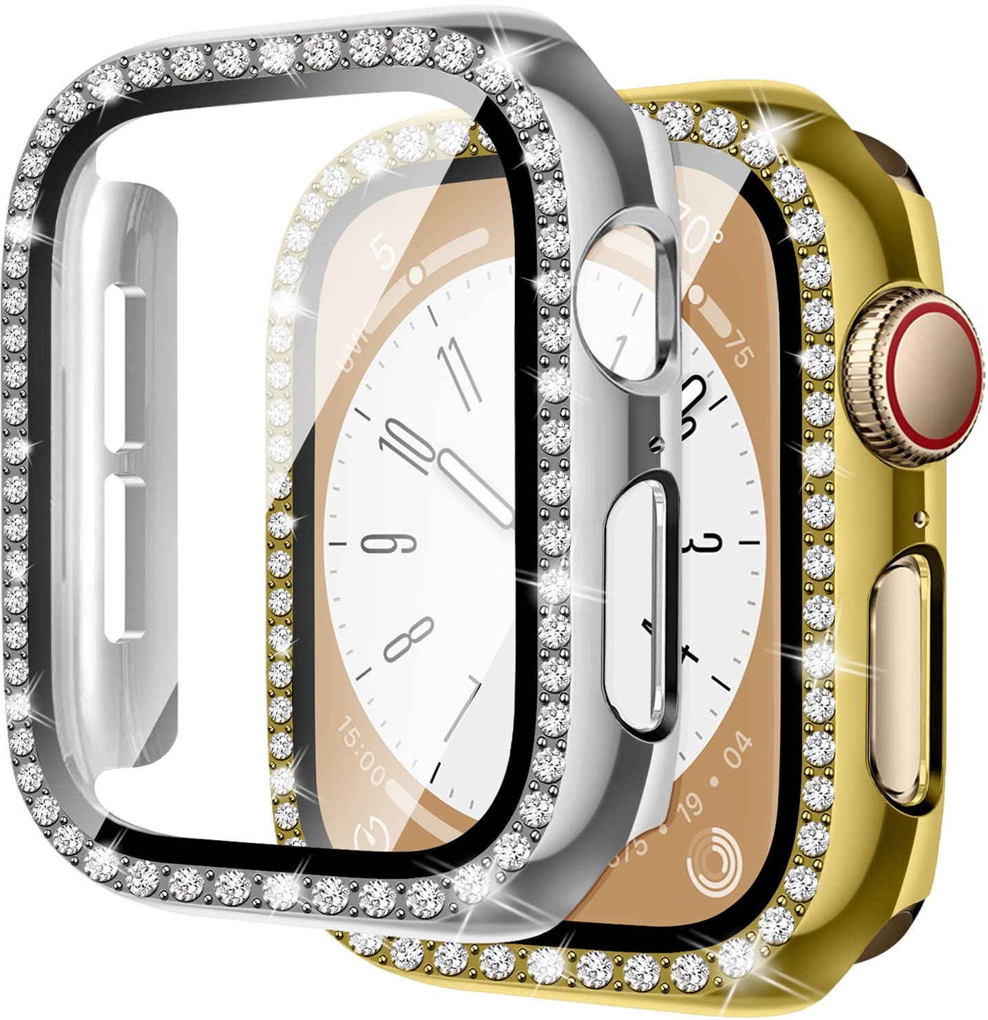 2 Stück Bling Hülle kompatibel für Apple Watch 45mm 44mm 41mm 40mm,glänzende Diamanten gehärtetes Glas Displayschutzfolie PC Schutzhülle für iwatch Serie 8 7 6 5 4/SE,Silber + Gold