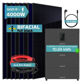 sunniva Balkonkraftwerk Full Black Bifazial 4000 W inkl. 10,24 kWh Speicher + 8 x 500 W N-Typ Glas-Glas Bifacial Module
