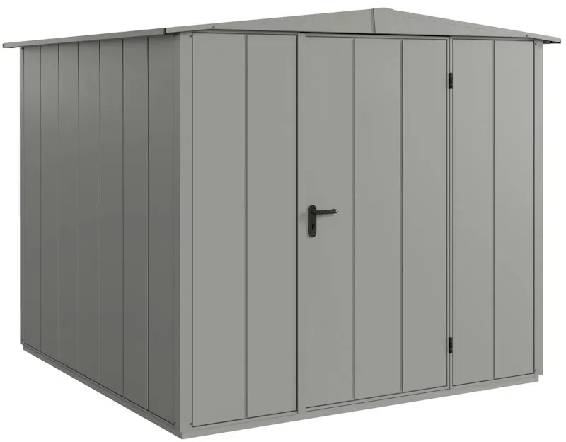 Hörmann Metall-Gerätehaus Berry mit Satteldach B 238 x T 238 cm (Typ 2), Motiv Modern (mit breiten Lamellen), Einzeltür Türanschlag rechts, Graualuminium (RAL 9007)