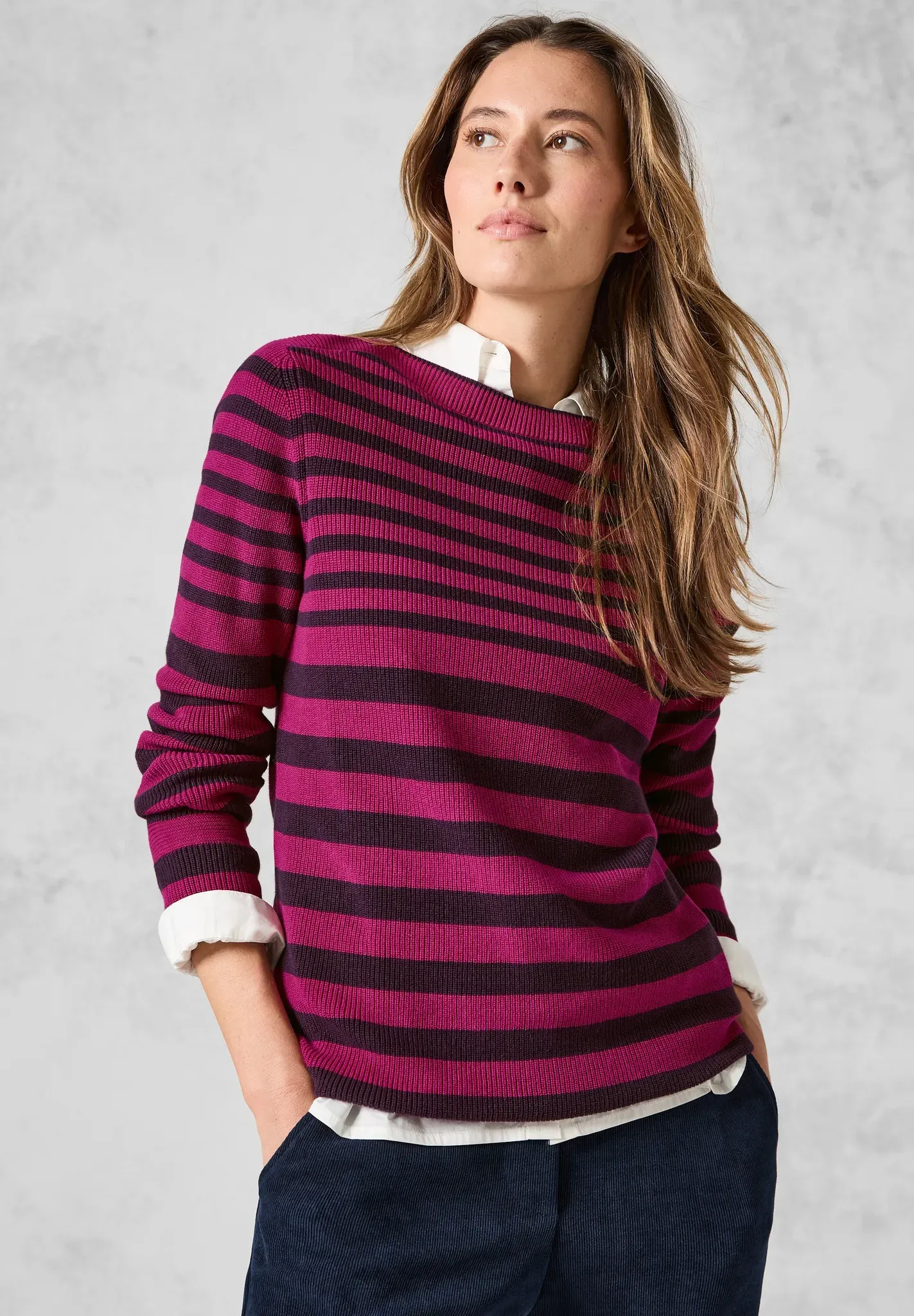 Strickpullover CECIL, Damen, Gr. M (40), rosa (beloved berry), Web, 100% Baumwolle, gestreift, casual, normal normal, U-Boot-Ausschnitt, Langarm normaler Saum, Pullover, aus reiner Baumwolle