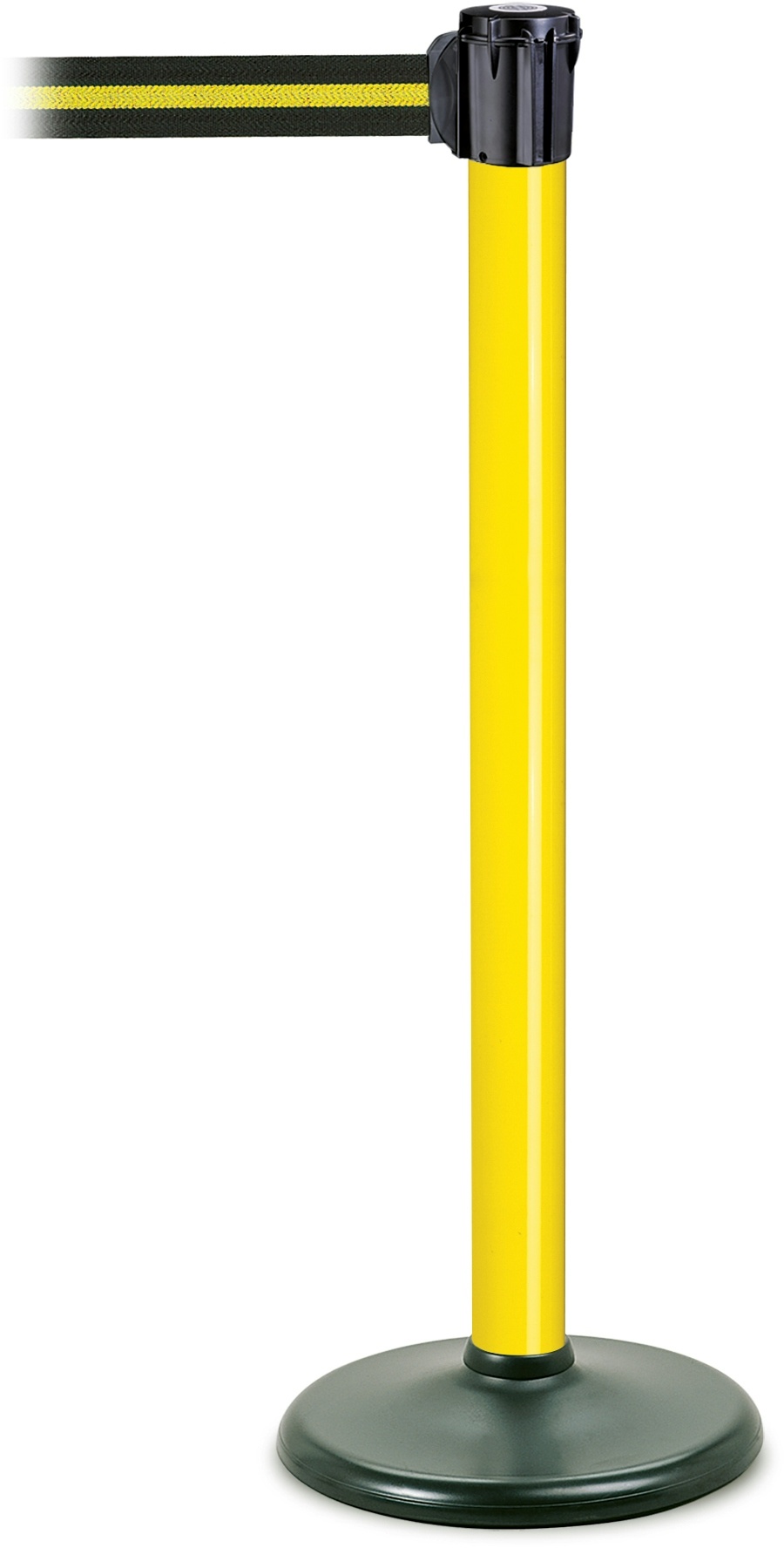 PROREGAL Gurtständer mit schwerem Bodenteller & integriertem Gurtband | HxØ 95,5x6cm | Gurtbandlänge 3m | Gelb