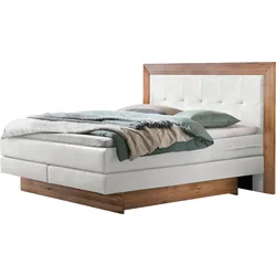 Boxspringbett HASENA "Texas", weiß (weiß, wildeiche natur), B:164cm L:206cm, Komplettbetten, Boxspringbett, Bettkästen, Massivholz-Umrandung, Tonnentaschen-Federkernmatratze