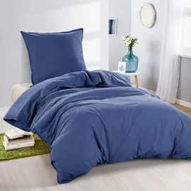Wometo Bettwäsche Renforce Stone-Washed 135x200 & 80x80 100% Baumwolle - blau OekoTex weich modern Used-Look Leinen-Optik