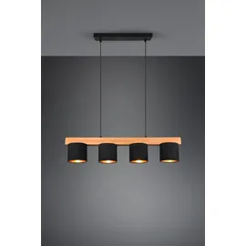 Trio Reality Leuchten Pendelleuchte Cameron R30654002, Metall Schwarz matt, Stoffschirm schwarz,goldfarbig, Holz, exklusiv 4x E14
