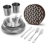 luxuskollektion Campingbesteck Set aus Edelstahl 13-teilig mit Etui und Teller