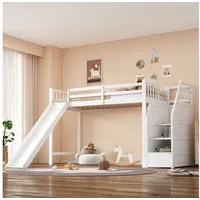 OKWISH Kinderbett Hochbett mit Rutsche, EN747 Zertifizierung und Ablageleiter 90x200 cm (mit Rutsche, Ablageleiter, 90x200cm), ohne Matratze weiß
