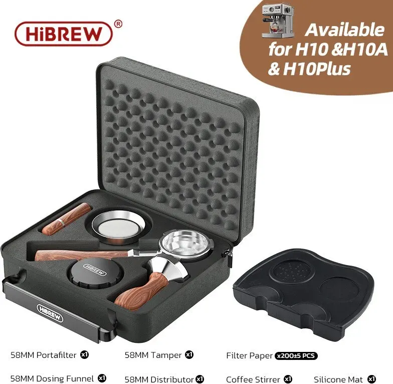 HiBREW 58mm Espresso Accessories Set With Bottomless Portafilter Tamper Distributor Dosing Funnel Filter Papers Stirrer & Mat for HiBREW H10A - 1 Set