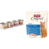 Animonda Carny Adult Katzen Nassfutter, Herzhafte Variation, 12 x 200 g + Carny Trockenfutter, zuckerfrei und ohne Getreide – mit Huhn + Forelle, 1 x 350 g