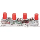 Mendler Adventskranz länglich, Weihnachtsdeko Adventsgesteck, Holz 11x15x50cm weiß-grau ~ mit Kerzen, rot