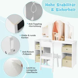 Costway Kinder Schminktisch & Stuhl Set, 2-in-1 Prinzessin Spiel Schminktisch Set mit 3 Abnehmbaren Spiegeln, Weiß - Weiß