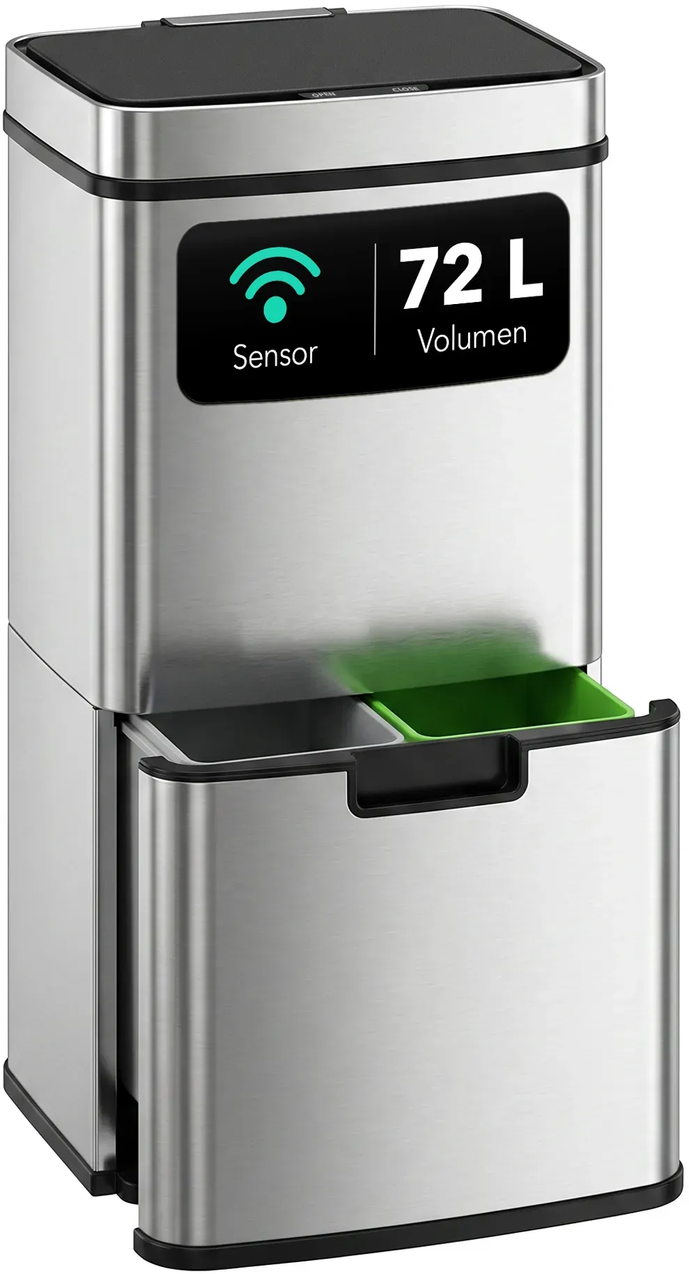 ledscom.de SORTA Sensor Mülleimer 72L Edelstahl, Mülleimer 3 Fächer für Küche, 3-Kammer-Mülltrennsystem 47 L + 2 × 12,5 L, berührungslos mit 5-Sek.-Auto-Close, herausnehmbare Inneneimer