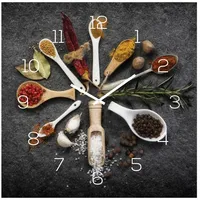 Levandeo Wanduhr Glas 30x30cm Uhr Glasbild Gewürze Küche Kräuter